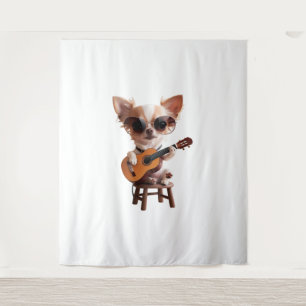 cute chihuahua playing classical guitar cartoon fu tapestry