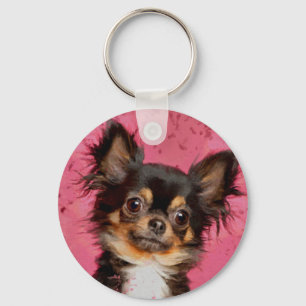 Cute Chihuahua Portrait on pastel fuchsia Key Ring