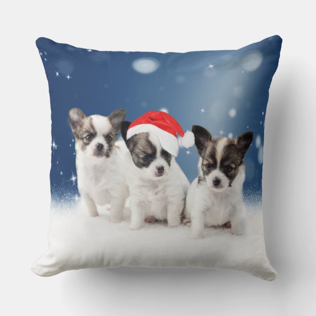 Cute Chihuahua Puppies with Santa Hat Christmas Cushion (Front)