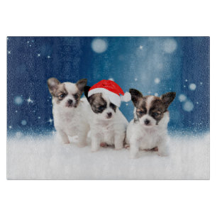 Cute Chihuahua Puppies with Santa Hat Christmas Cutting Board