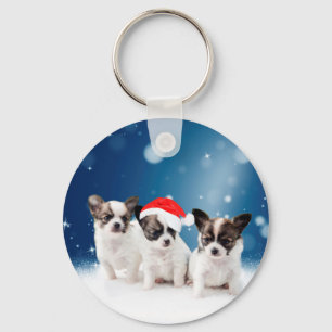 Cute Chihuahua Puppies with Santa Hat Christmas Key Ring