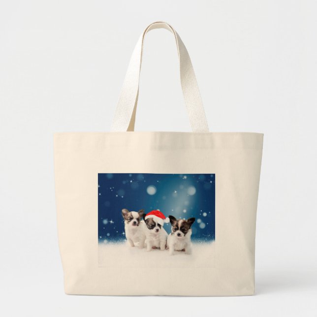 Cute Chihuahua Puppies with Santa Hat Christmas Large Tote Bag (Front)