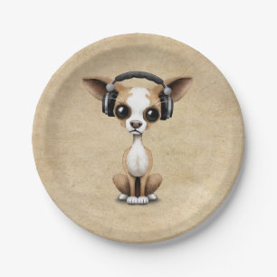 Cute Chihuahua Puppy Dj Wearing Headphones Paper Plate