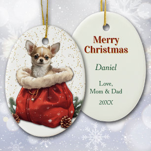 Cute Chihuahua Puppy Dog Christmas Gift Bag Ceramic Ornament
