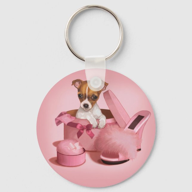 Cute Chihuahua Puppy in Hatbox Key Ring (Front)