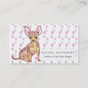 Cute Chihuahua Puppy in Watercolor and Paw Prints Business Card