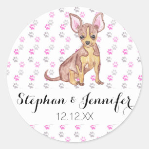 Cute Chihuahua Puppy in Watercolor and Paw Prints Classic Round Sticker