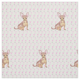 Cute Chihuahua Puppy in Watercolor and Paw Prints Fabric