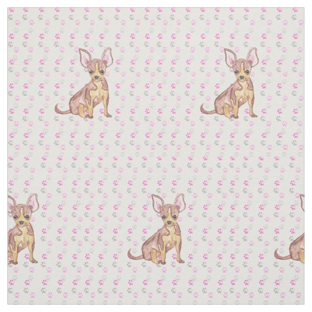 Cute Chihuahua Puppy in Watercolor and Paw Prints Fabric (Swatch)