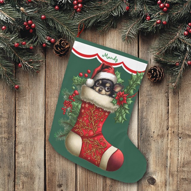 Cute Chihuahua Puppy Peeking Large Christmas Stocking (Creator Uploaded)