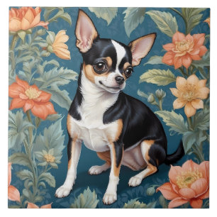 Cute Chihuahua William Morris Inspired Floral Ceramic Tile