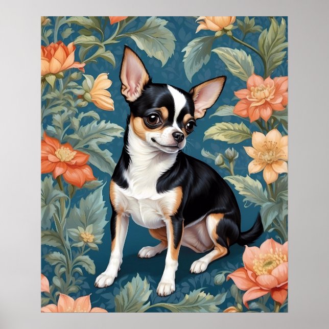 Cute Chihuahua William Morris Inspired Floral Poster (Front)