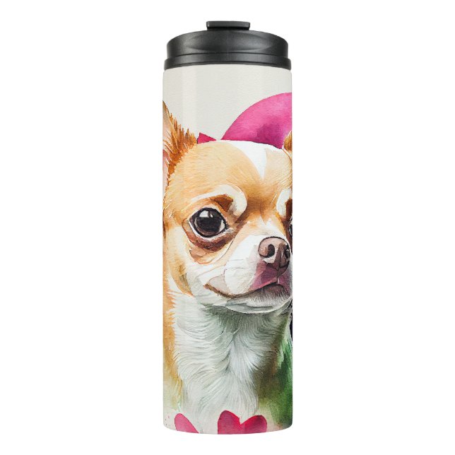 Cute Chihuahua with Pink Heart Background Thermal Tumbler (Front)