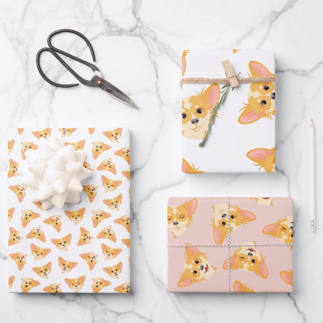Cute Chihuahua Wrapping Paper Flat Sheet Set of 3 (Front)