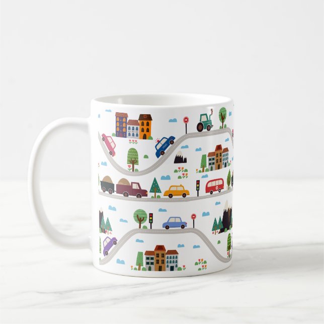 Cute Childish Cityscape Bus Car Cartoon Pattern Coffee Mug (Left)
