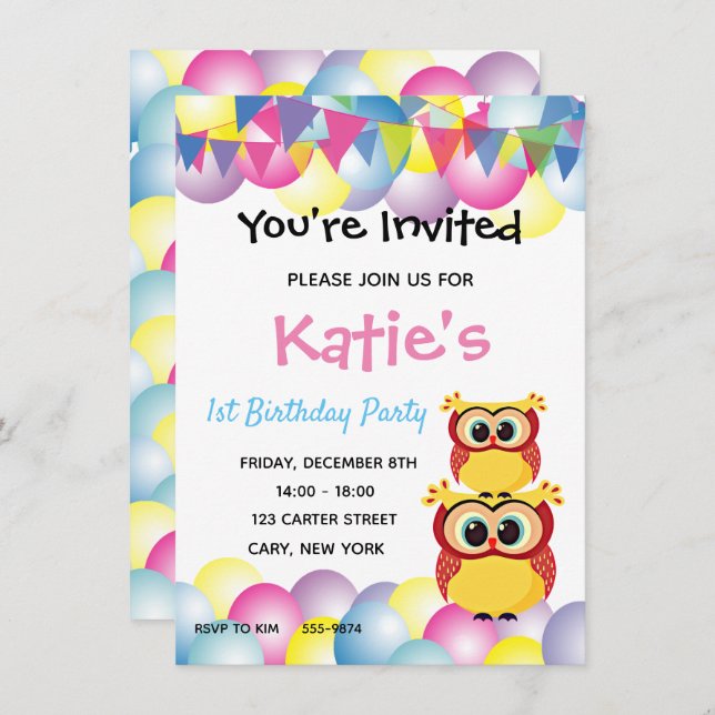 Cute children baby owl birthday invitation (Front/Back)