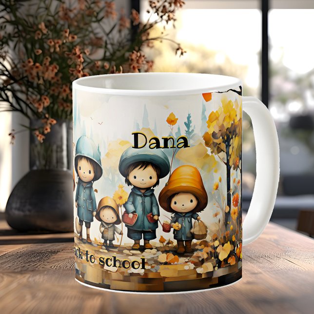 Cute Children Back to School Mug (Mug featuring children going back to school in a fall landscape with flowers and butterflies)