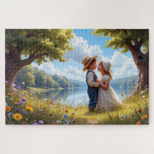 Cute Children Embrace By A Serene Lake Jigsaw Puzzle