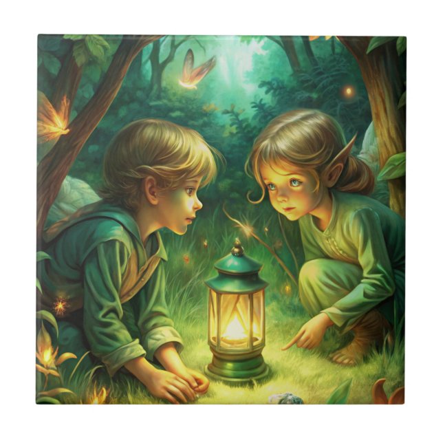 Cute Children in Forest Ceramic Tile (Front)