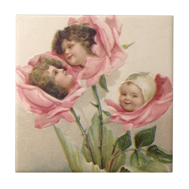 Cute Children Pink Roses Rose Tile (Front)
