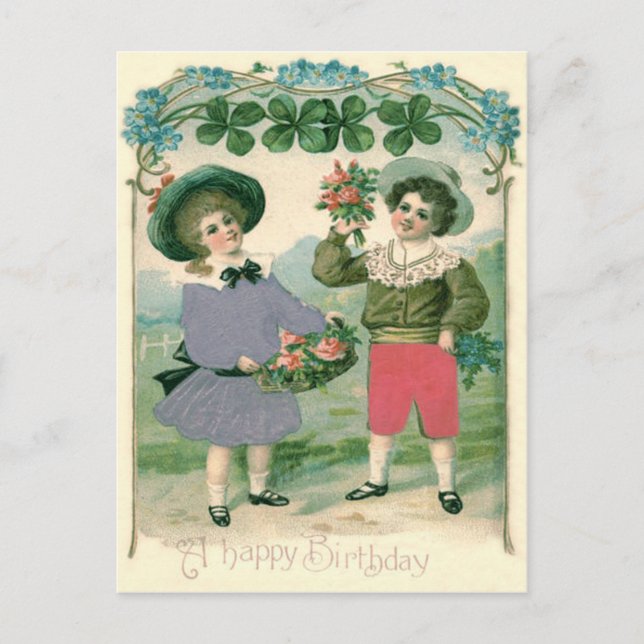 Cute Children Roses Four Leaf Clover Postcard (Front)