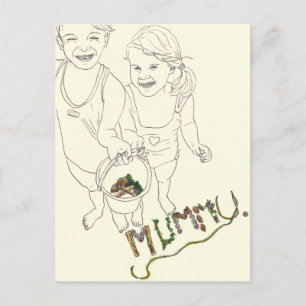Cute Children Seaside Mummy Funny Line Drawing Art Postcard
