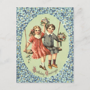 Cute Children Swing Bouquet Flowers Postcard