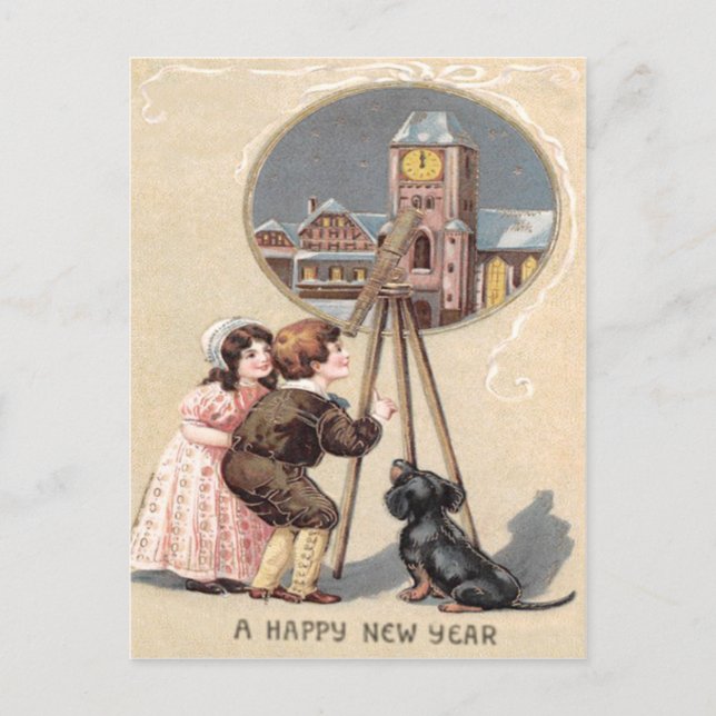 Cute Children Telescope Dog Clock Tower Postcard (Front)