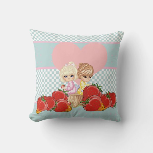 Cute children with strawberries Kawaii friends Cushion (Front)