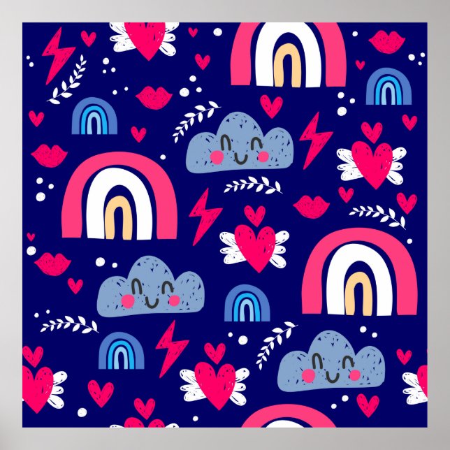 Cute children's seamless pattern, rainbow, clouds, poster (Front)
