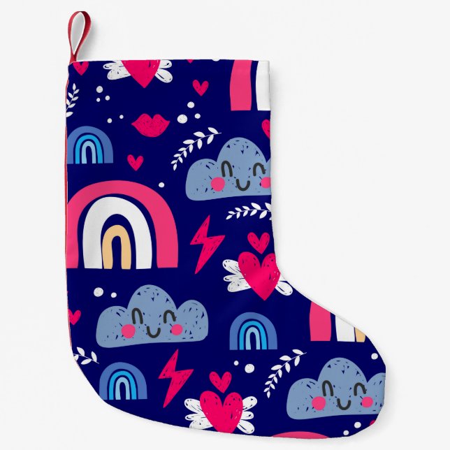 Cute children's seamless pattern, rainbow, clouds, small christmas stocking (Front)