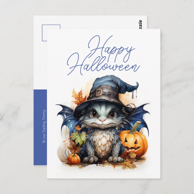 Cute Children's Watercolor Baby Dragon Halloween Postcard (Front/Back)