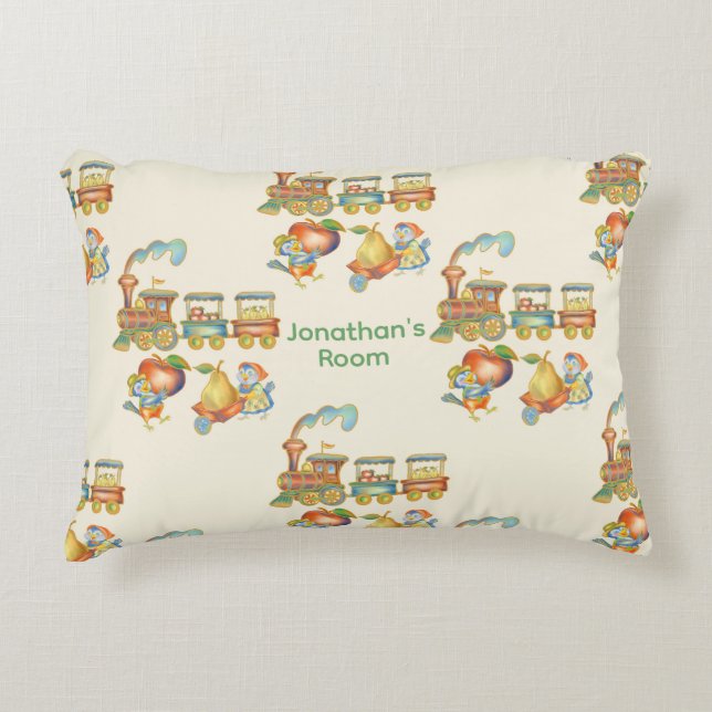 Cute Child's Bird Apple Train Accent Pillow (Front)