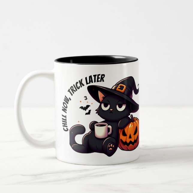 Cute chill Witch Cat & Pumpkin Halloween  Two-Tone Coffee Mug (Left)
