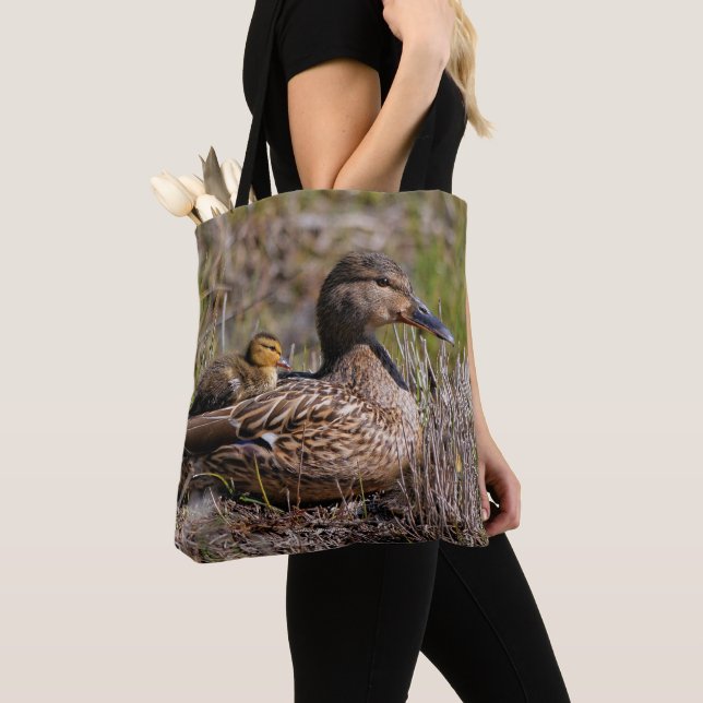 Cute Chillin' Mallard Mum Duck & Baby Duckling Tote Bag (Close Up)