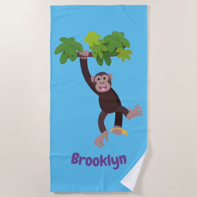 Cute chimpanzee in jungle hanging cartoon beach to towel (Front)