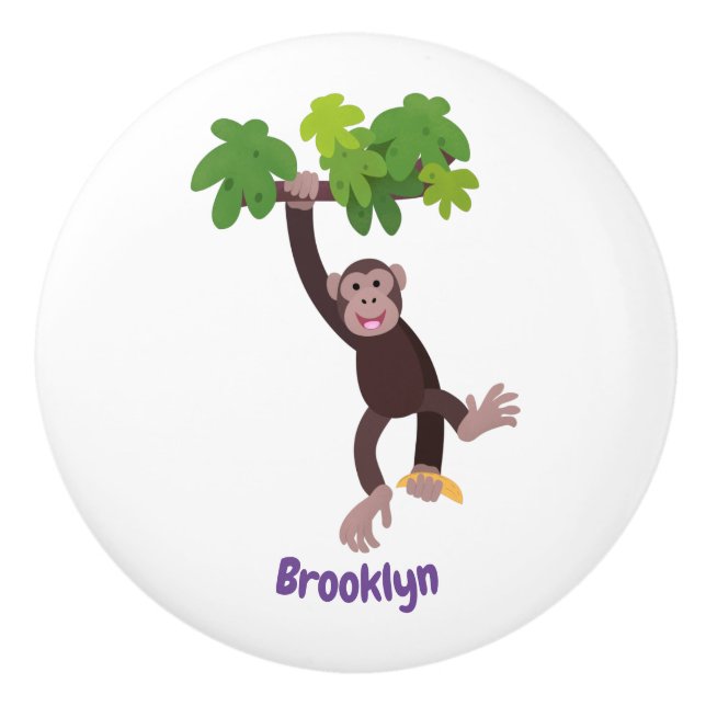 Cute chimpanzee in jungle hanging cartoon ceramic knob (Front)