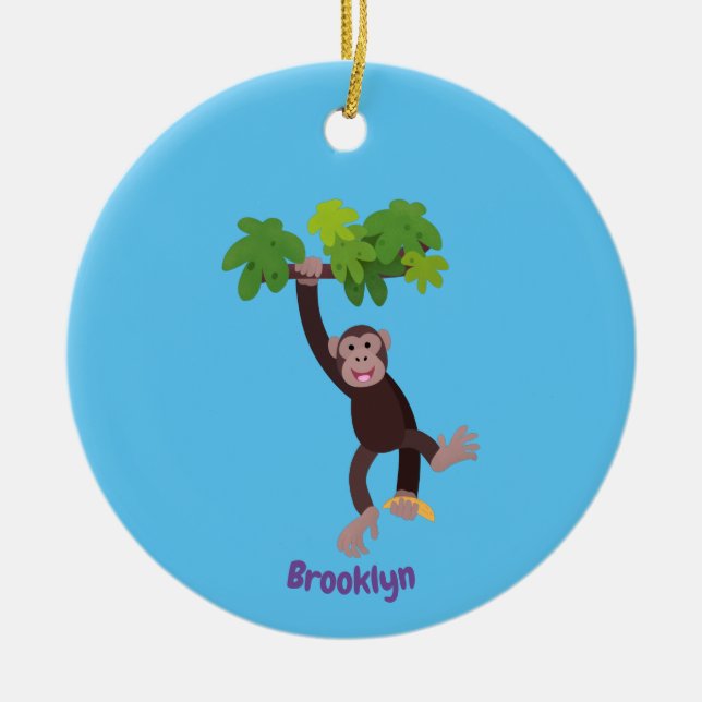Cute chimpanzee in jungle hanging cartoon ceramic ornament (Front)