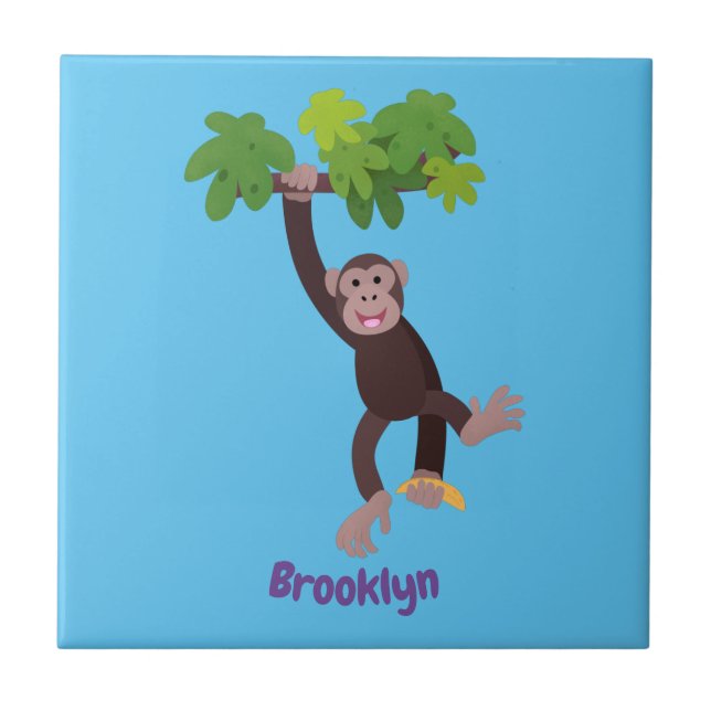 Cute chimpanzee in jungle hanging cartoon ceramic tile (Front)