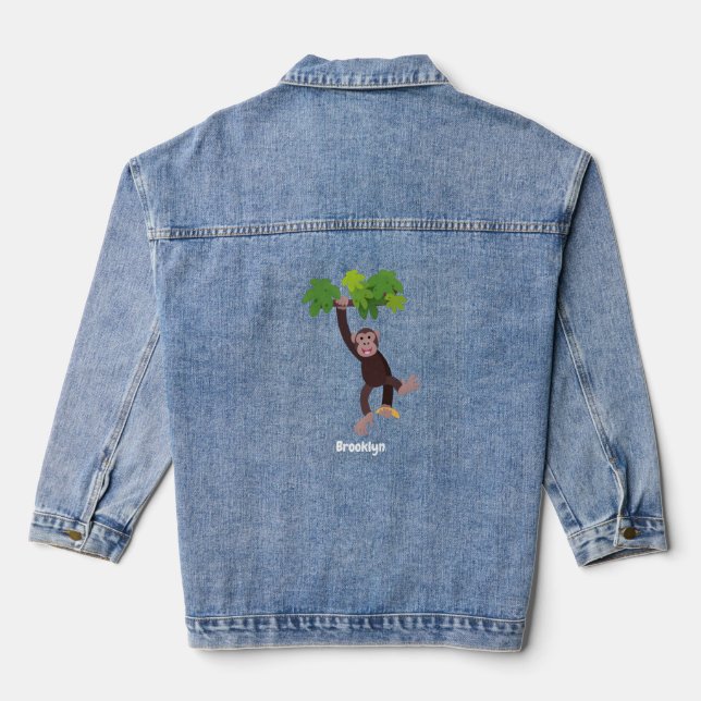 Cute chimpanzee in jungle hanging cartoon denim jacket (Back)