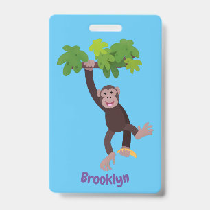 Cute chimpanzee in jungle hanging cartoon ID badge