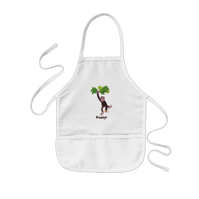 Cute chimpanzee in jungle hanging cartoon kids apron (Front)