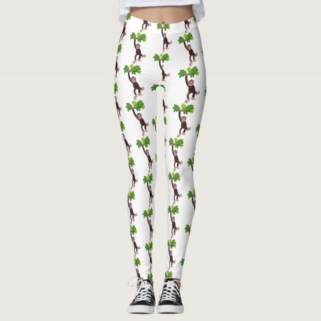 Cute chimpanzee in jungle hanging cartoon leggings (Front)