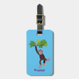 Cute chimpanzee in jungle hanging cartoon luggage tag