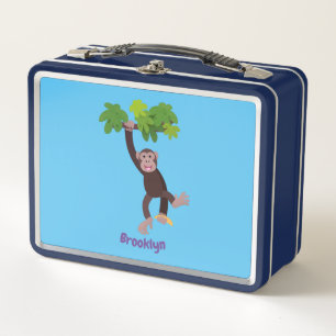 Cute chimpanzee in jungle hanging cartoon metal lunch box
