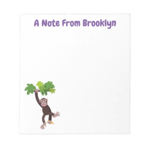 Cute chimpanzee in jungle hanging cartoon notepad