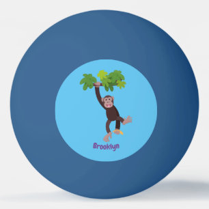 Cute chimpanzee in jungle hanging cartoon ping pong ball