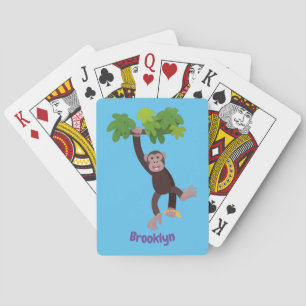 Cute chimpanzee in jungle hanging cartoon playing cards