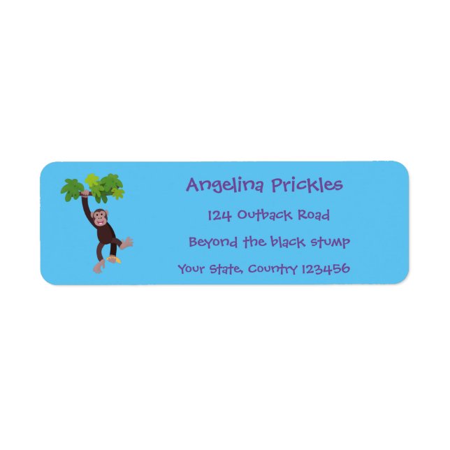 Cute chimpanzee in jungle hanging cartoon return address label (Front)