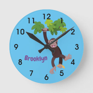 Cute chimpanzee in jungle hanging cartoon round cl clock